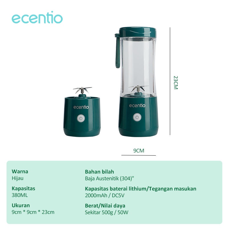 ecentio Blender Portable Mini Juice Blender 6 Pisau Juicer Portable Usb Pembuat Jus Elektrik Rechargeable Mini Mixer Ice Crusher 380ml