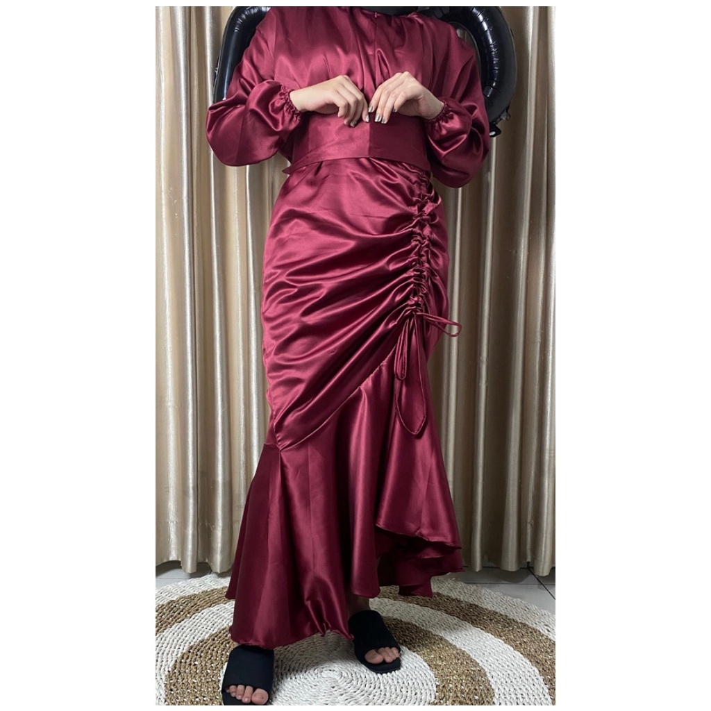 Gamis serut vannya dress silk bahan satin busui friendly terbaru / Dress gamis kondangan bridesmaid kekinian raelpict