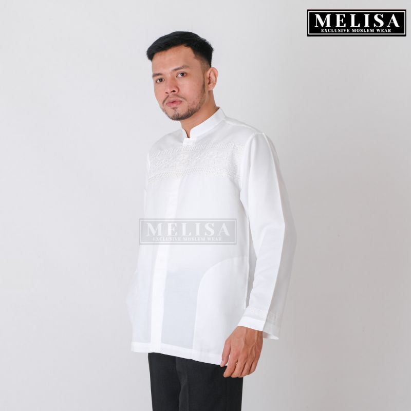 baju koko pria lengan panjang warna putih tulang bahan poli katun motif bordir size M L XL
