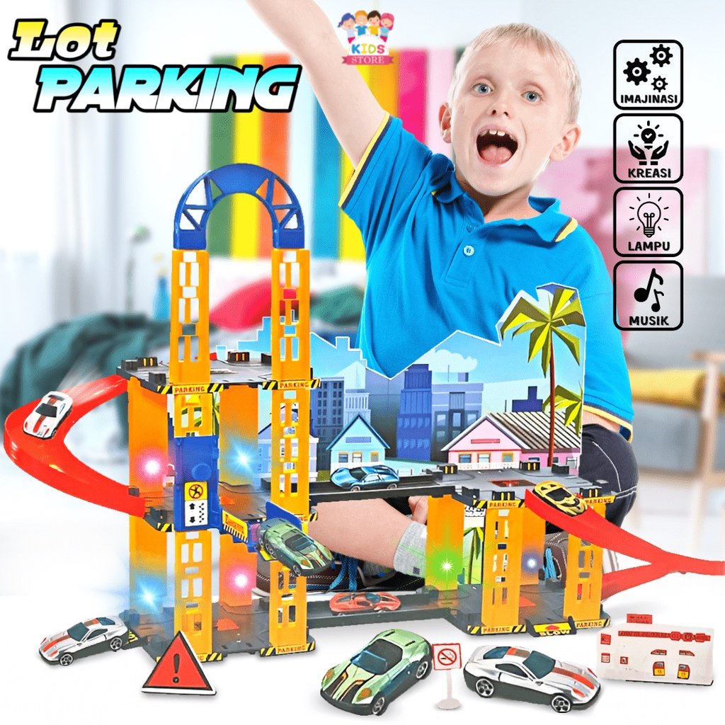 Light Music Parking Lot 52pcs | Mainan Anak Laki Laki Mobil Mobilan | Permainan Keluarga | Hadiah Ulang Tahun Anak Laki Laki