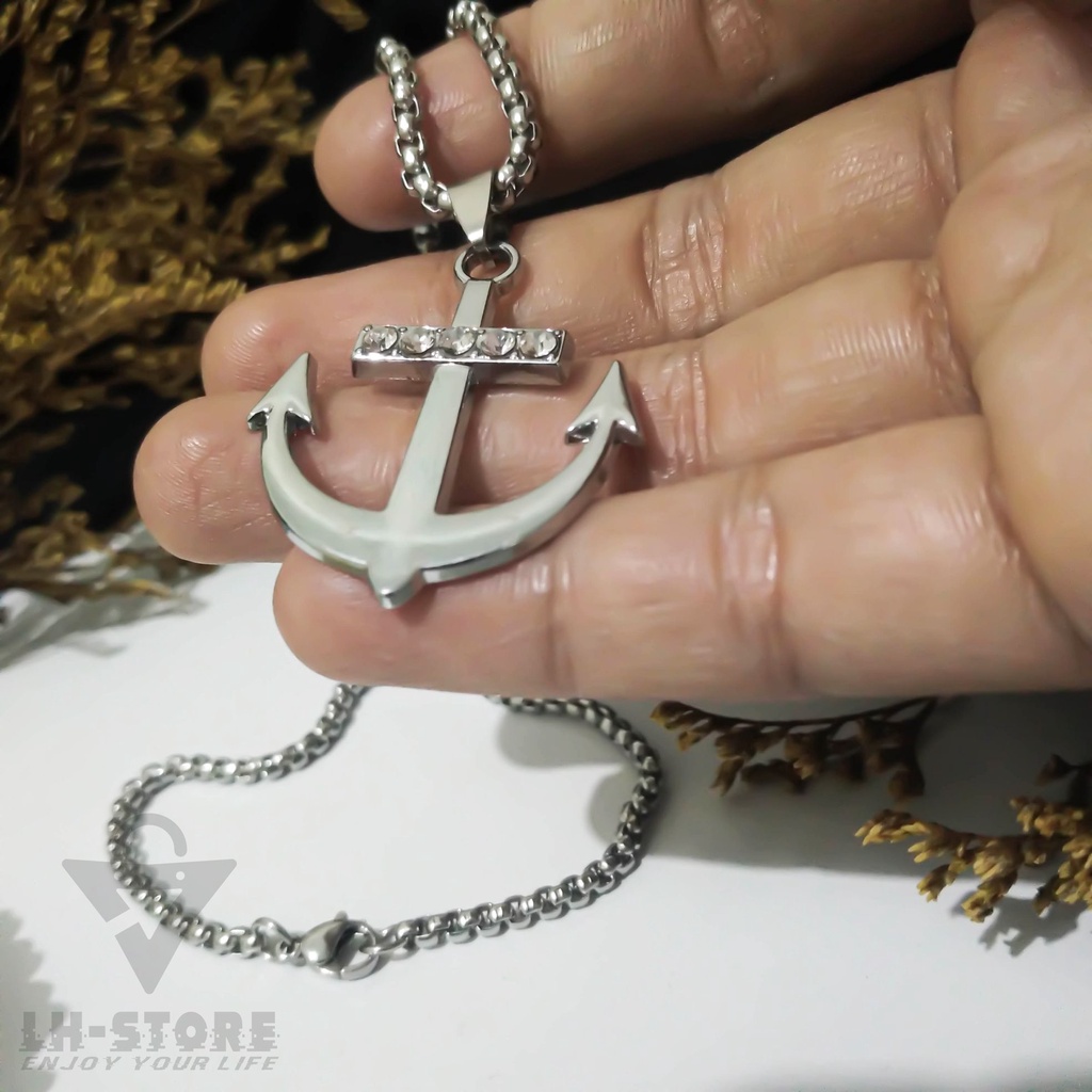 Kalung Titanium Set Liontin Jangkar Silver Permata Terbaru Keren Anti Karat