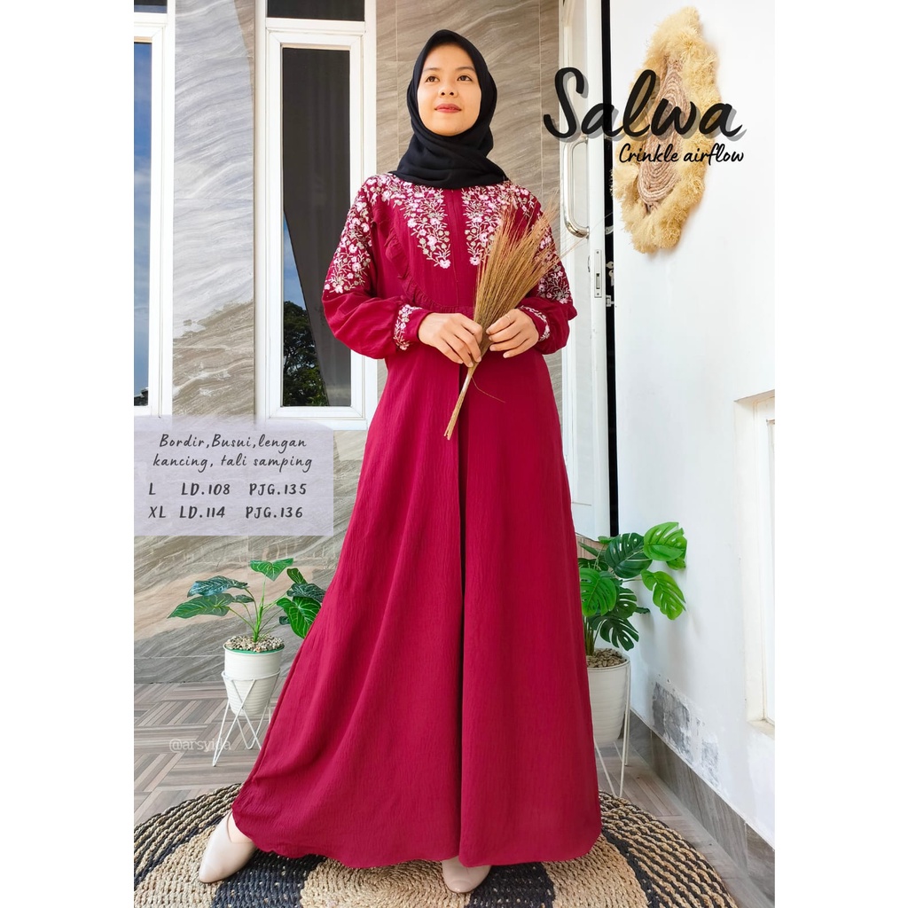 Salwa Gamis Crinkle Airflow Bordir Premium/ Gamis Syar'i Premium Busui Friendly/ Homeydress Motif Tr