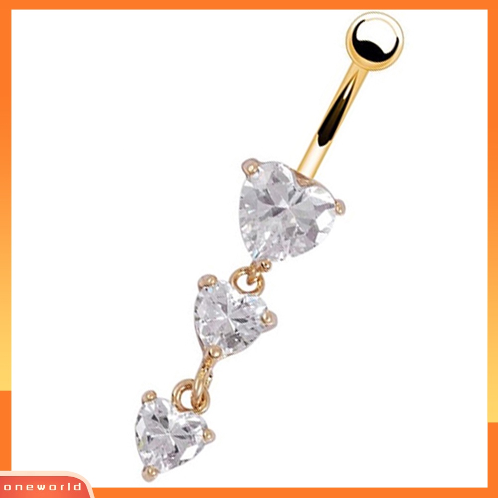 [oneworld] Cincin Pusar Emas Tindik Tubuh3Hati Kristal Bening Menjuntai Belly Button Rings