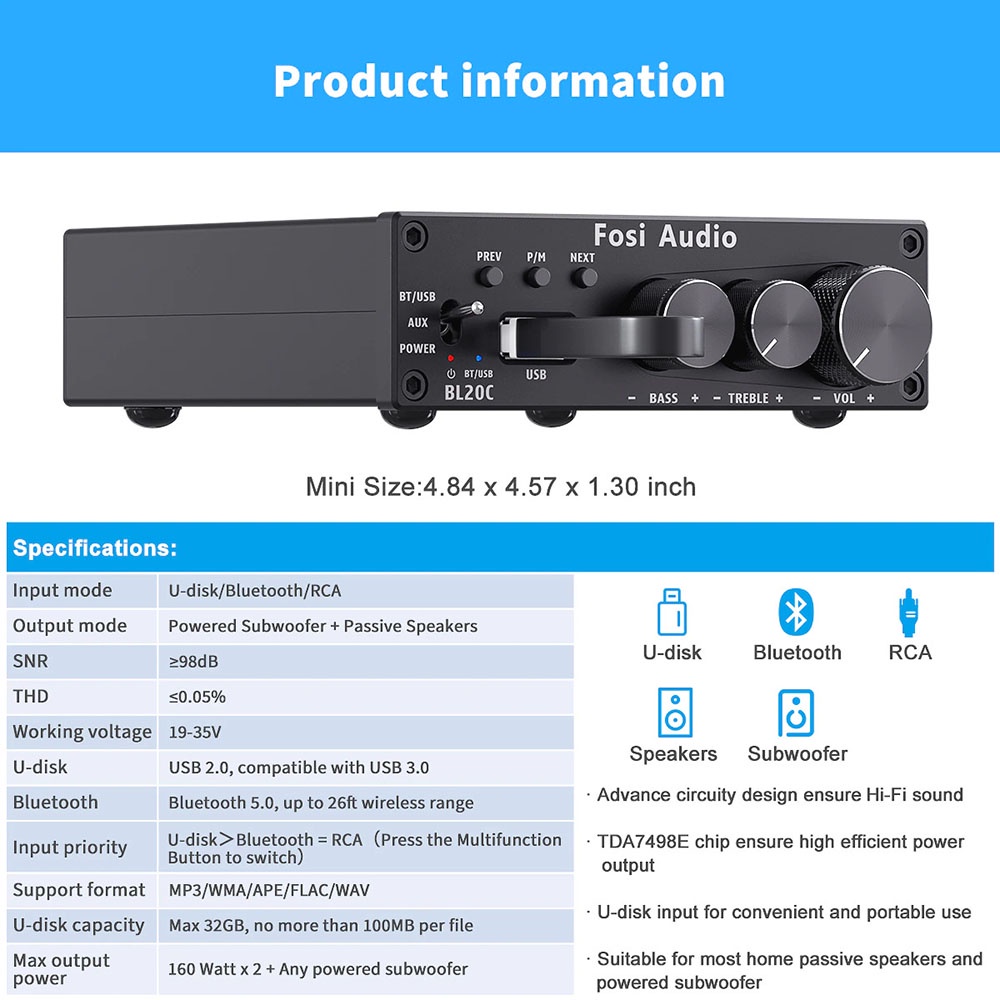Fosi Audio Bluetooth 5.0 Amplifier 2.1 Receiver Class D 2x160W - BL20C - Black