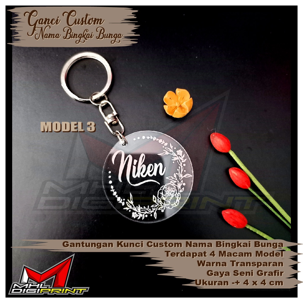 GANTUNGAN KUNCI AKRILIK CUSTOM NAMA BINGKAI BUNGA - GANTUNGAN KUNCI CUSTOM - SEHARI JADI - TANPA MINIMAL ORDER - GANTUNGAN KUNCI AKRILIK
