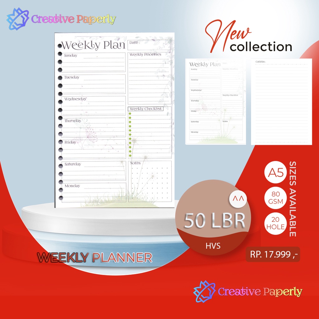 

Bookpaper Loose Leaf WEEKLY PLANNER Kertas Binder/ Isi Notes - (A5) 50 lbr
