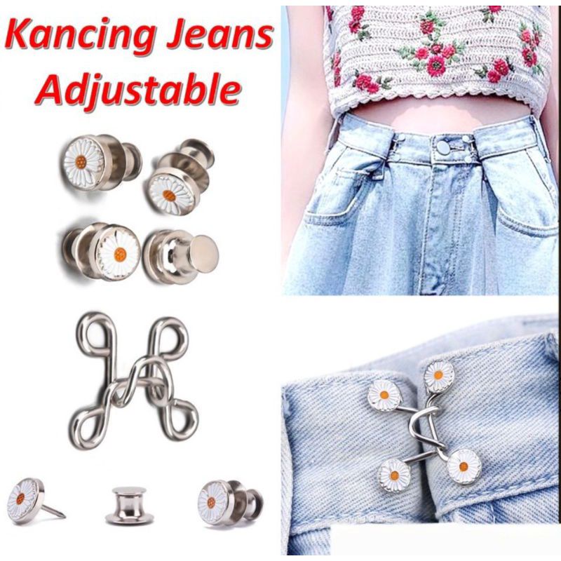 Kancing Jeans Logam Adjustable Motif Bunga Polos Kait Pinggan Celana