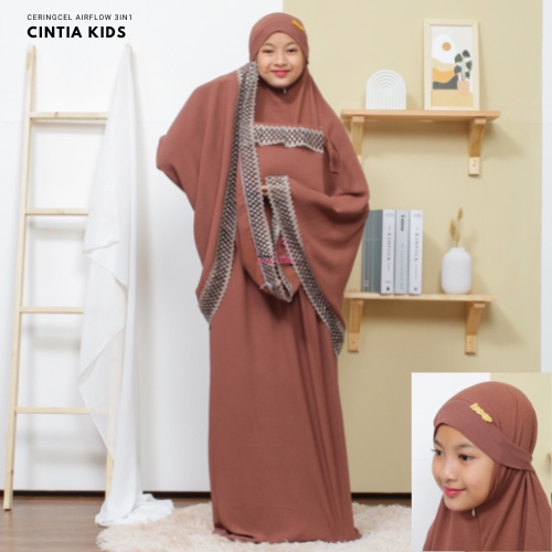 Cintia Mukena Anak 3 in 1 Crincle Airflow Renda Premium Jumbo Free Bross Warna (Denim, Hitam, Greentea, Mocca, Putih, Army, Pusia, Darkbrown, Lilac) Sakura