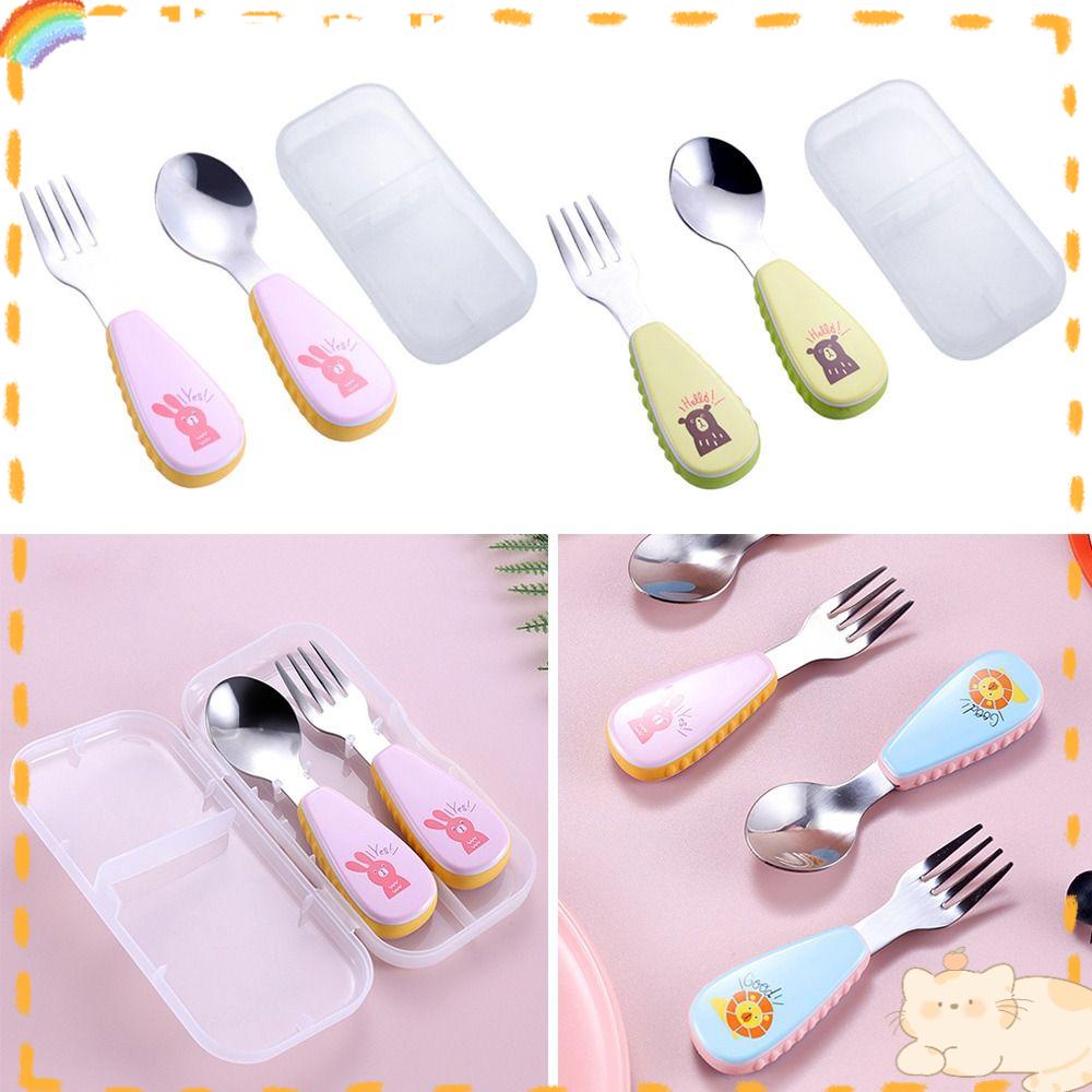 Solighter Set Alat Makan Balita Dengan Kotak Penyimpanan Makan Bayi Stainless Steel Spoon Fork Set