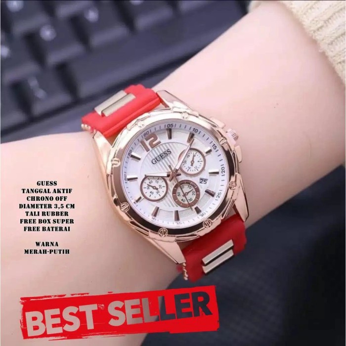 Jam Tangan Wanita Guess Rubber Chrono Hiasan Tanggal Aktif PROMO - merah putih Watch premium terbaru high quality murah Bisa COD branded V1I4 fashion korea Best Seller kekinian jam tangan anti air