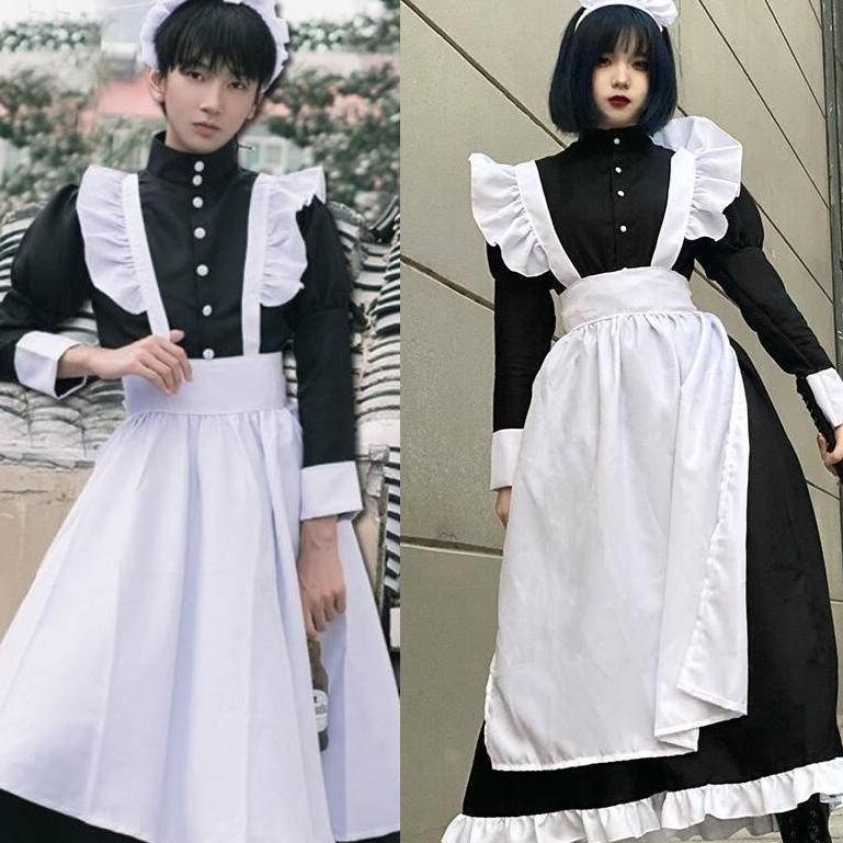 【Wetrose】Pria Wanita Memakai Cosplay Lucu Jepang Lolita Anime Pembantu Loli Hitam Panjang Gaun Kostu