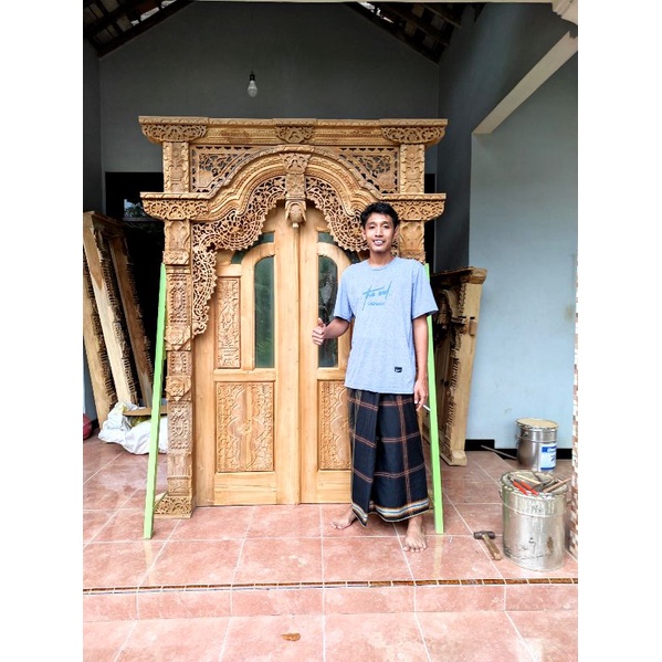 gebyok ukir pintu panel kombinasi kaca