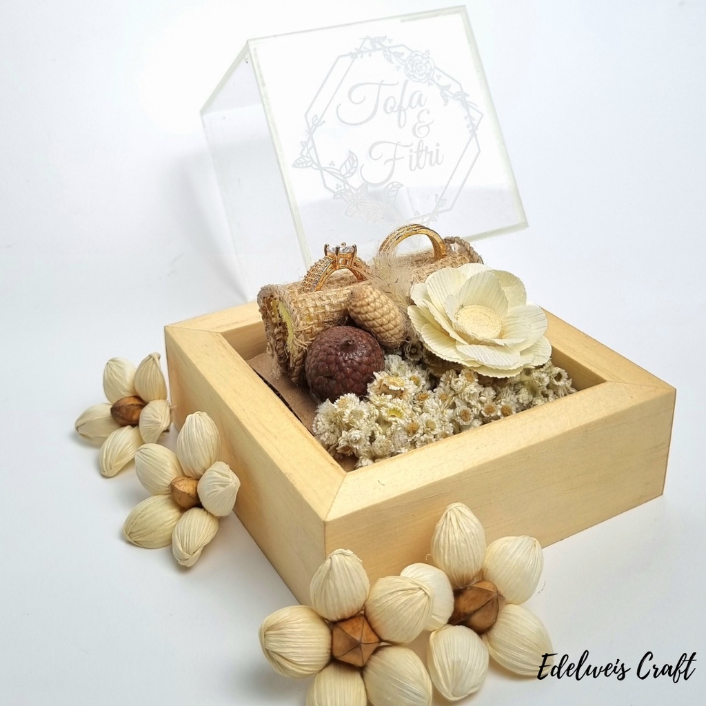 (Ready Stock) Hantaran Mini Box Cincin Pernikahan Kayu Akrilik Gaya Rustic bonus Custom Nama