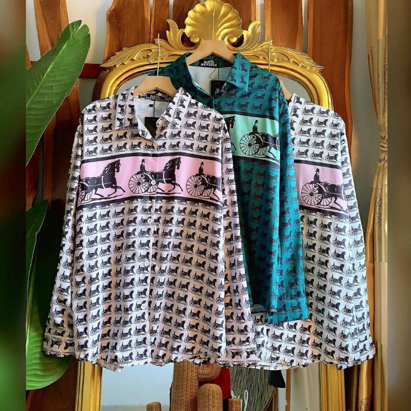 Kemeja Horse, KEMEJA WANITA CANTIK MODIS FIT XXL LD 110 BAHAN KATUN SILKY IMPORT KANCING AKTIF TERMURAH OOTD