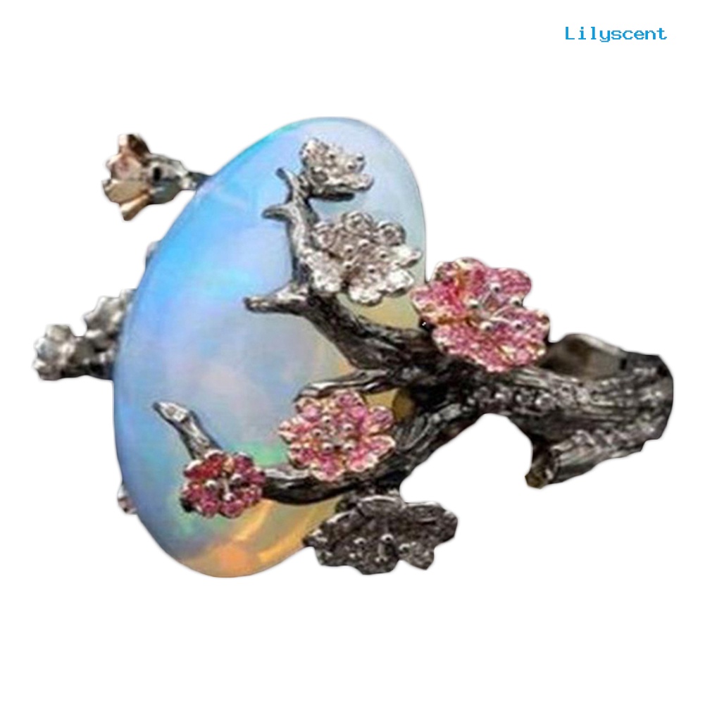 [LS] Vintage Wanita Faux Opal Plum Blossom Bunga Two Tone Jari Cincin Perhiasan Hadiah