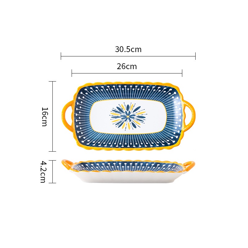 Piring Keramik Persegi Panjang Gagang Piring Saji Model Eropa Ukuran 30 Cm Tahan Panas Microwave Safe