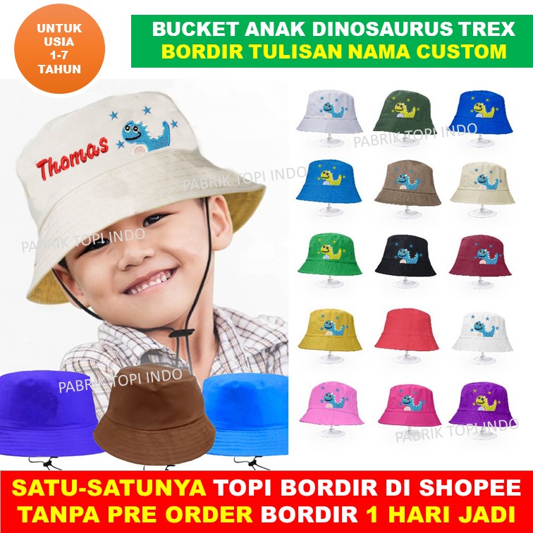 Topi Dino Topi Trex Bucket Anak Dinosaurus dan Bordir Nama Anak Usia 1 - 7 Tahun