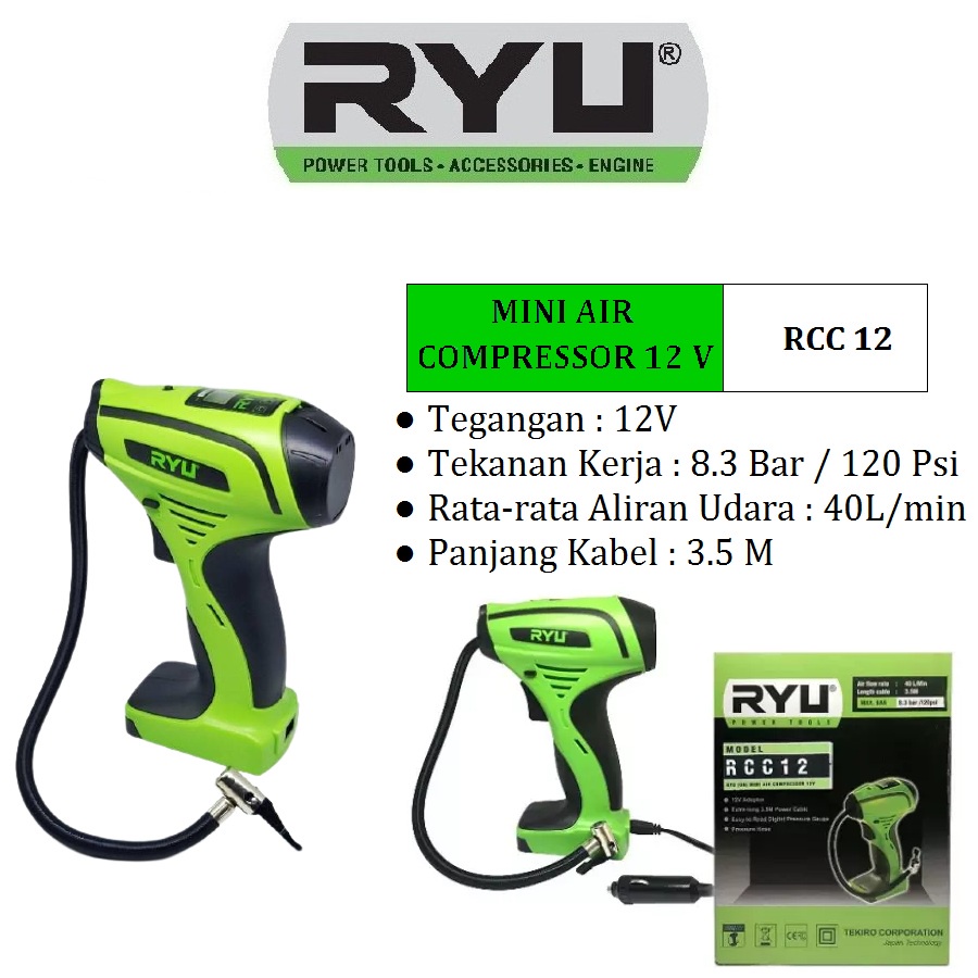 MURAH Mini Kompressor RYU RCC12 Compressor Mini Listrik Portable Alat Pompa isi Angin Ban Balon Digital / Kompresor Angin Mini Listrik DC 12V 120 PSI