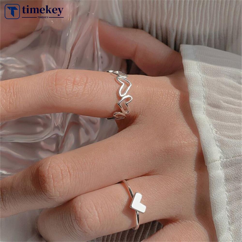 Timekey 2pcs/set Cincin Cinta Berongga Niche Pribadi Cincin Sederhana Cincin Paduan Yang Dapat Disesuaikan Perhiasan Aksesoris A5T1