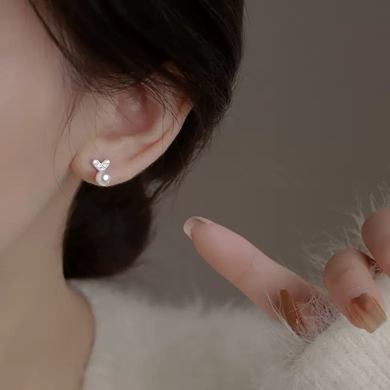 Papaozhu Indah s925 Perak Berkilauan Kristal Hati Mutiara Stud Anting-Anting Untuk Wanita Perempuan Elegan Kecil Anting-Anting Pesta Pacaran Telinga Perhiasan