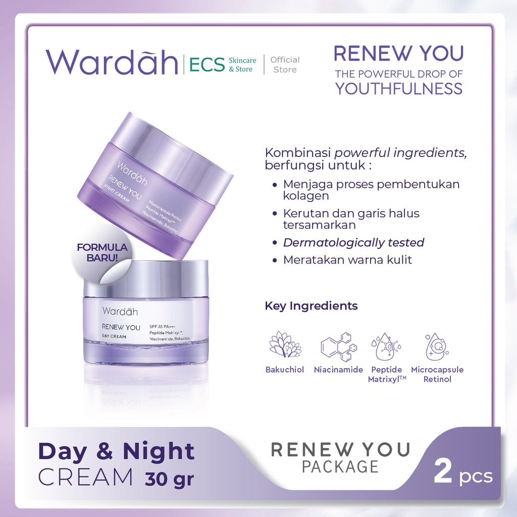 (Dapat 2 Pcs) Day Cream &amp; Night Cream Wardah Renew You Anti Aging 30gr / 15ml - Mousturizer / Pelrmbab / Krim  Pagi Siang &amp; Malam Skincare Wajah BPOM Halal ORIGINAL - Wardah Ungu