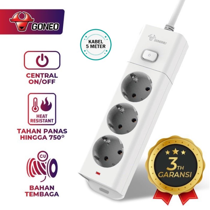GONGNIU Stop Kontak 3 /4 / 5 Lubang Power Strip Kabel 5 Meter Saklar Goneo G1030-50 Alat Listrik Stop Kontak penyambung kabel