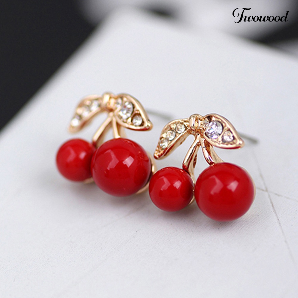 Duakayu Wanita Merah Cherry Bening Berlian Imitasi Telinga Studs Beads Golden Alloy Leaves Earrings