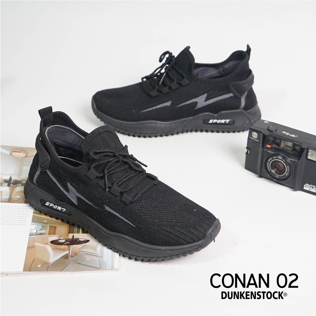 DUNKENSTOCK CONAN 02 Sepatu Sneakers pria Casual Hitam Polos TERBARU!