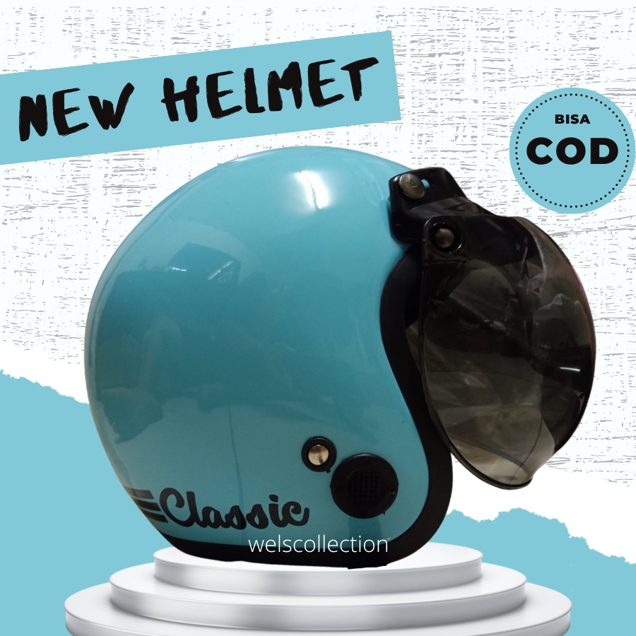 Helm Bogo Wanita Perempuan Pria Dewasa Retro Classic Biru Glosy Pastel Kaca Datar Cembung Full Leher