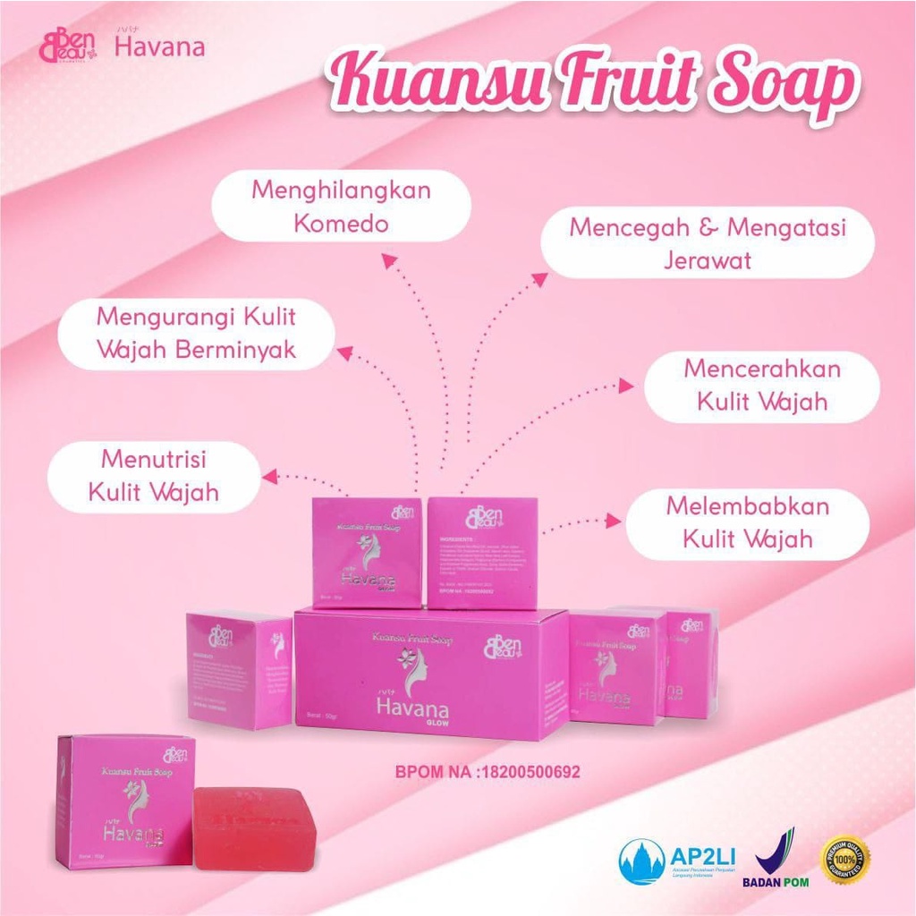 Sabun Whitening Pemutih Penghilang Jerawat Flek Noda Hitam Keriput  - Pencerah Pelembab  Kulit Wajah Muka Kolagen Niacinamide Buah Kuansu Havana Glow Kuansu Fruit Soap BPOM