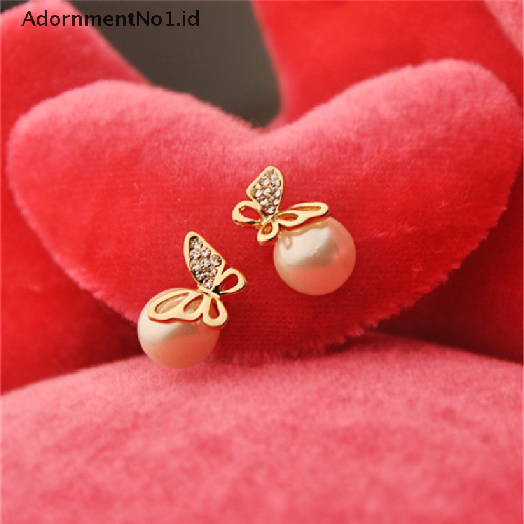 [AdornmentNo1] Fashion Baru Perhiasan Wanita Kristal Emas Kupu-Kupu Mutiara Ear Stud Earrings Earbob [ID]