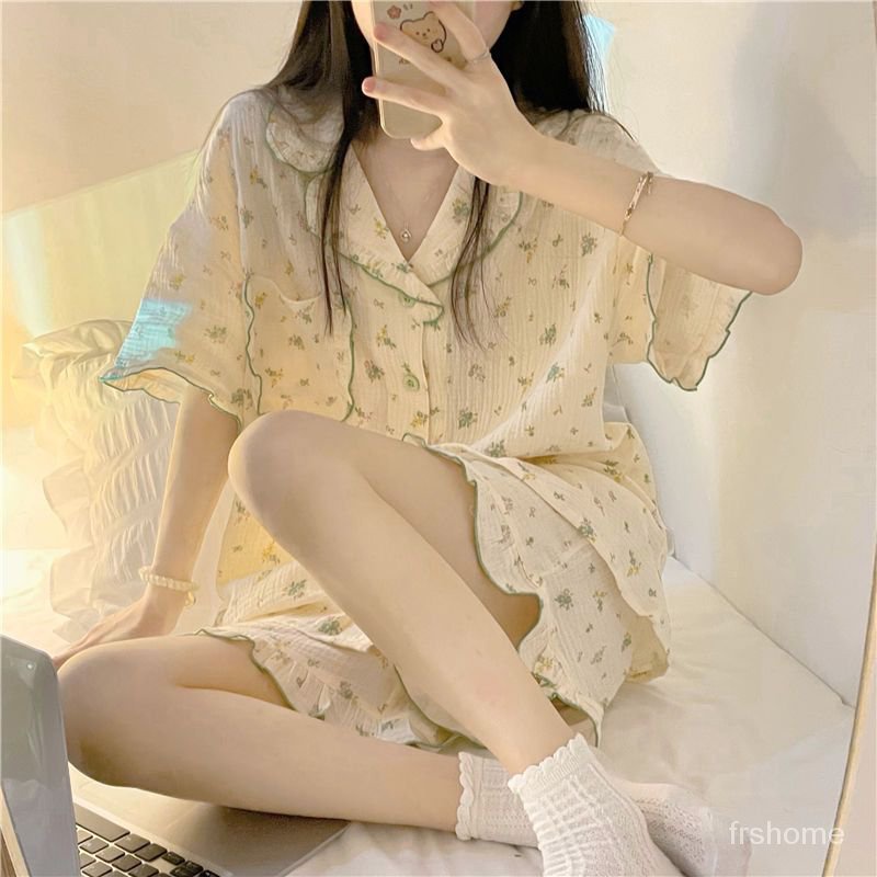 Jepang musim panas baru gadis piyama ins, cardigan cardigan sweet little floral pendek -set pakaian