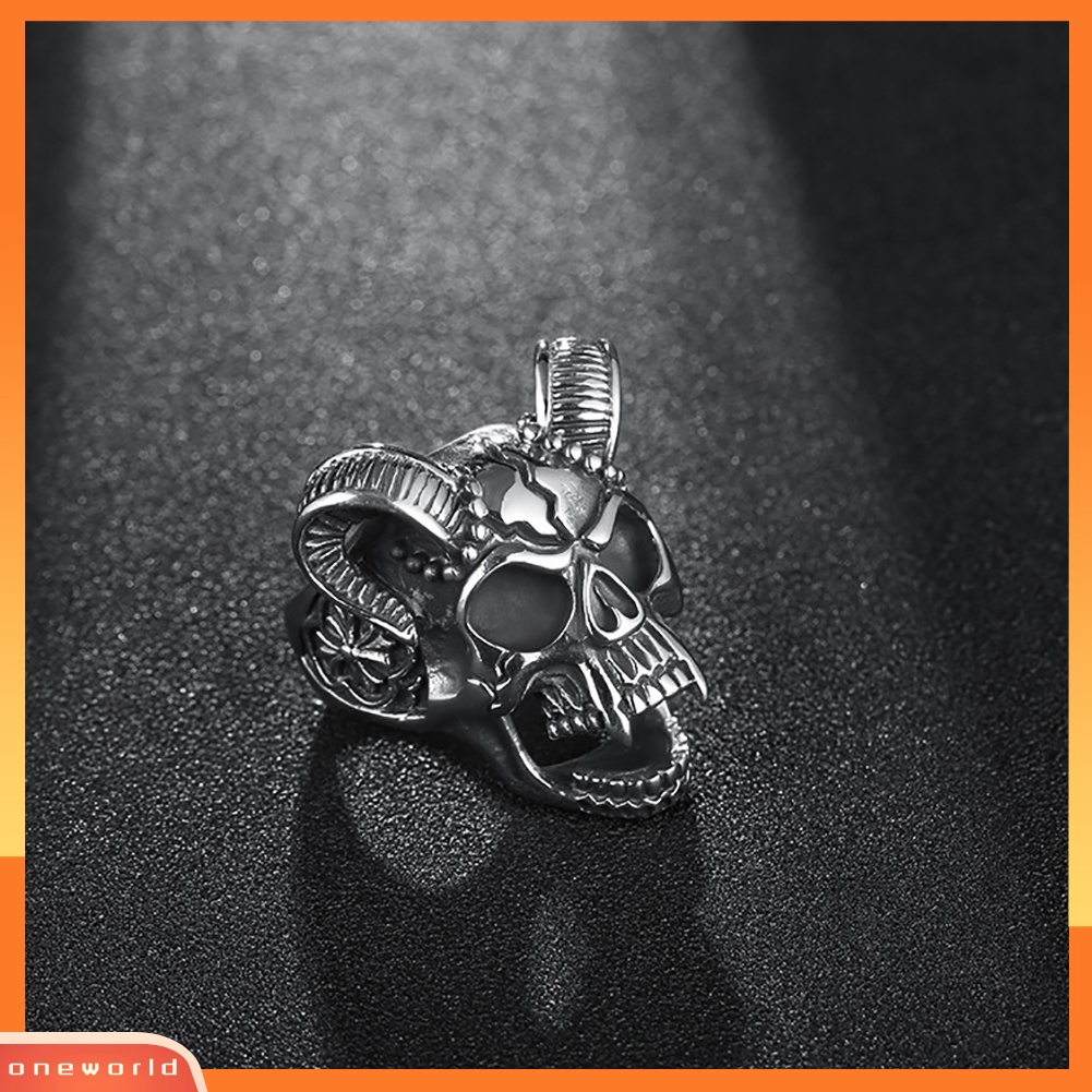 {oneworld} Gila Bighorn Berongga Pola Tengkorak Vintage Perhiasan Decor Unisex Jari Cincin Band