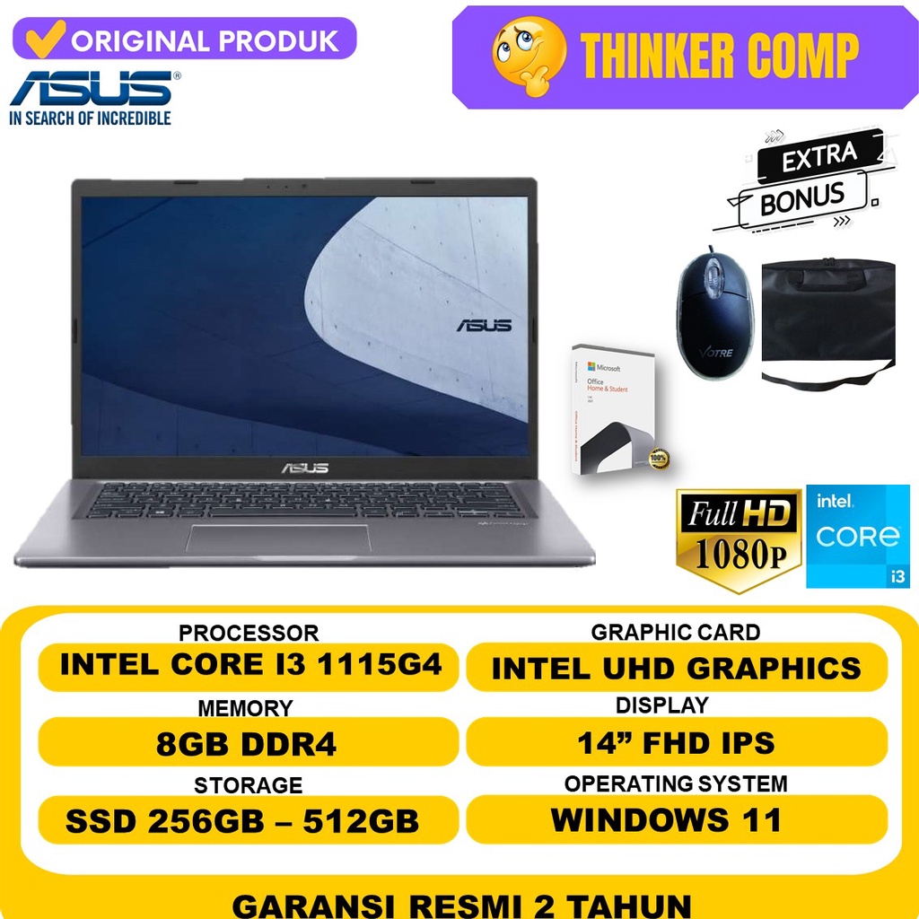 Laptop Asus Vivobook P1412CEA EK3420W Intel Core i3 gen11 1115G4 RAM 8GB SSD 512GB FHD Windows 11 Terlaris