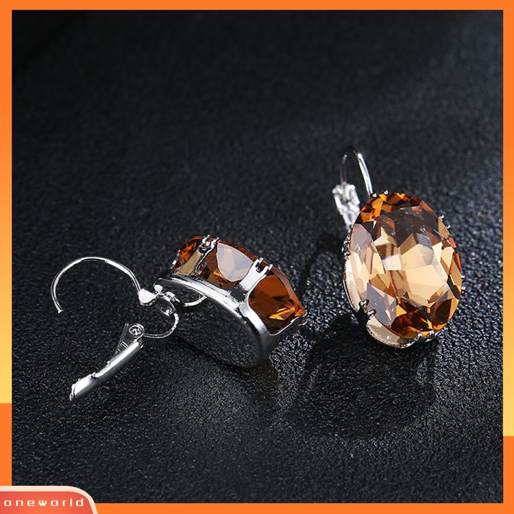 {oneworld} Elegan Wanita Oval Batu Permata Imitasi Hias Menjuntai Leverback Earrings Perhiasan Hadiah