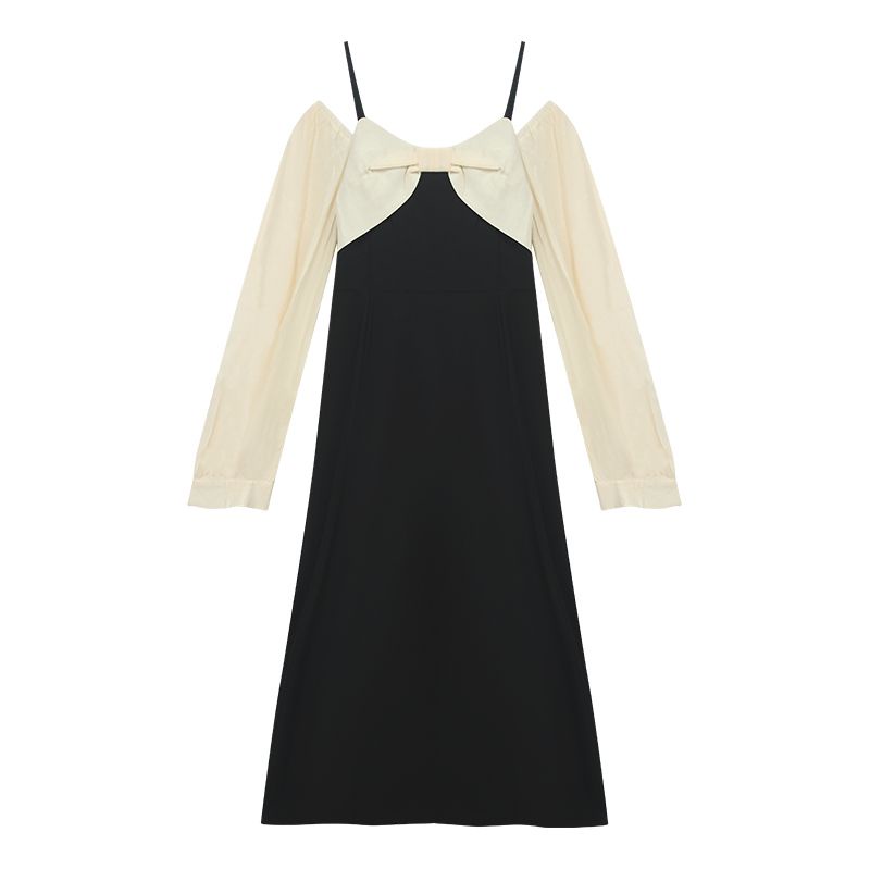 Red Angin lembut gaun dua potong ikatan simpul palsu wanita musim semi dan musim gugur gaya rok gemuk mm figur berbentuk buah pir gaun Prancis retro