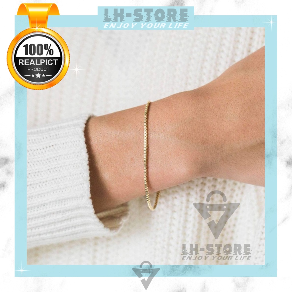 Gelang Tangan Rantai kotak Italy Emas &amp; Perak Anti karat Titanium Pria Wanita Terbaru