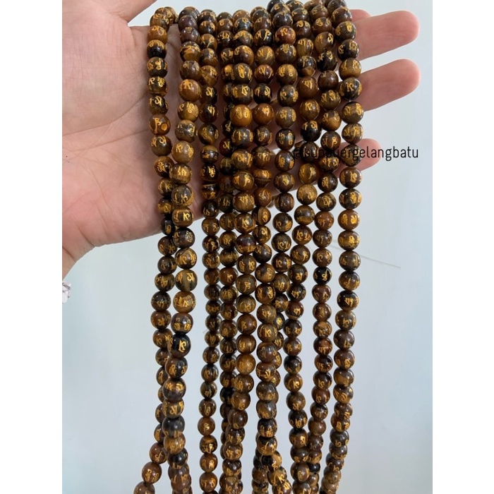 Batu Tibet TIGER EYE COKLAT 8mm Mantra Oak Guru om mani Padme Hum akik