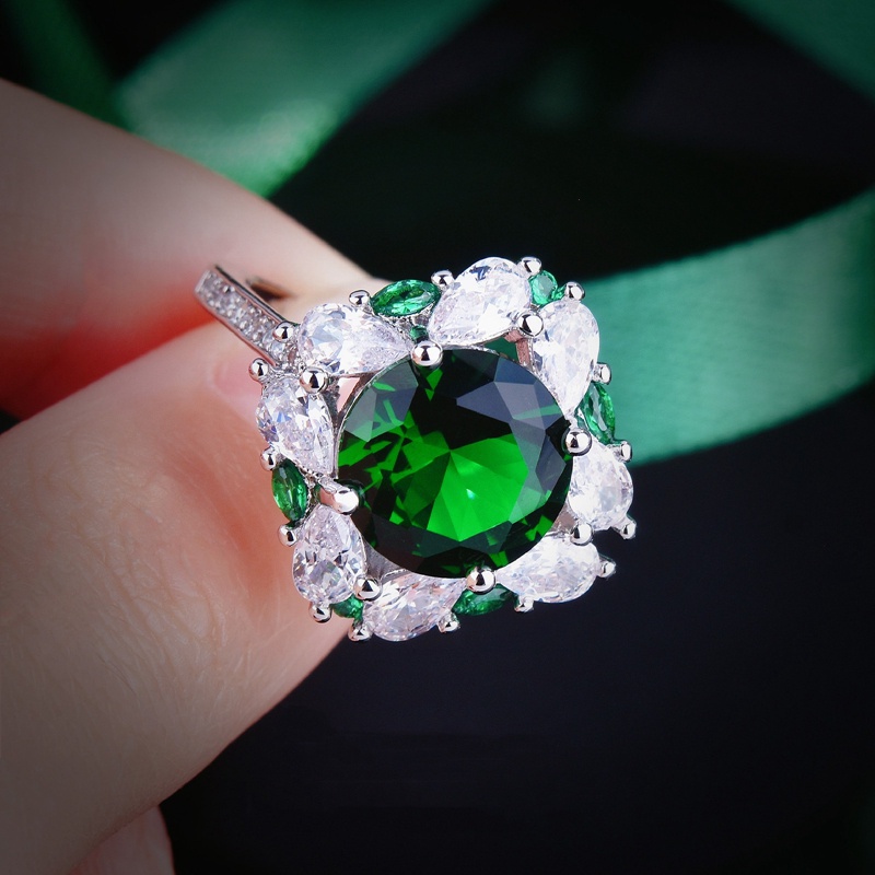 New Fashion Ladies Cincin Kawin Hias Hijau Bulat Zirkon Perhiasan Tepi Bunga Indah Untuk Wanita Pernikahan Pertunangan Hadiah