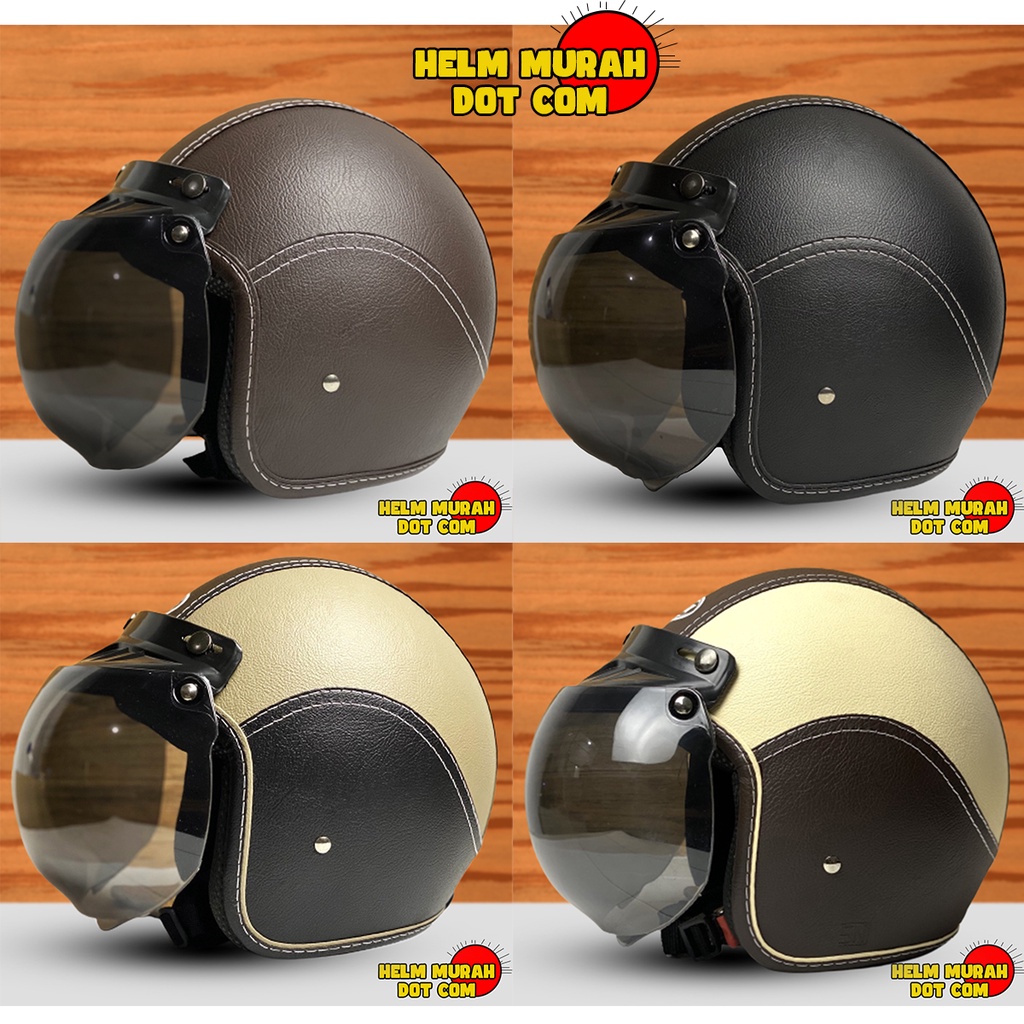 Helm Bogo Kulit / Helm Pria Dan Wanita Dewasa Kaca Datar Hitam Kaca Cembung Bening COD