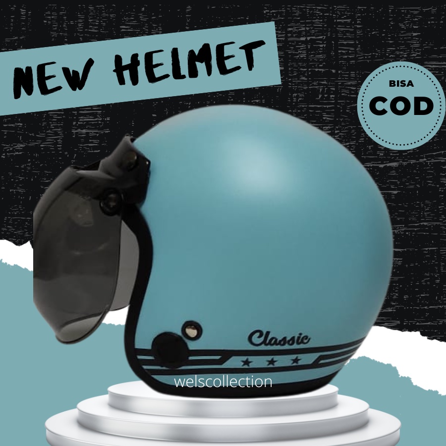 Helm Bogo Wanita Pria Dewasa Classic Retro Hijab Full Leher Kaca Datar Cembung Polos Biru Doff Paste