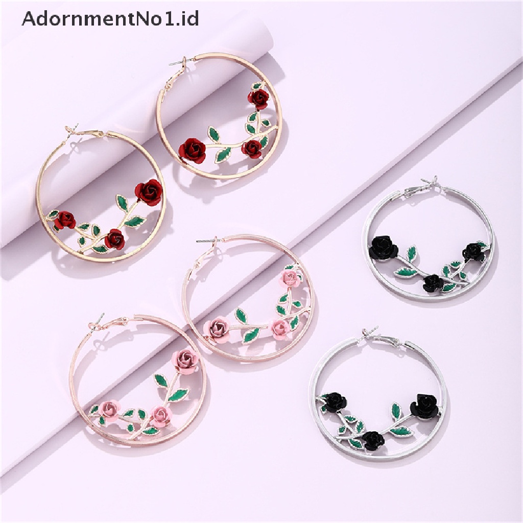 [AdornmentNo1] Wanita Bunga Hoop Anting Mawar Berongga Anting Berlebihan Bulat Perhiasan Fashion [ID]