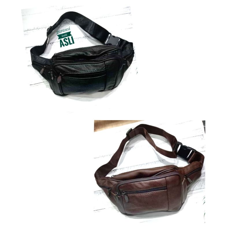 Waistbag tas pinggang import cowok pria kulit asli polos tanpa merk