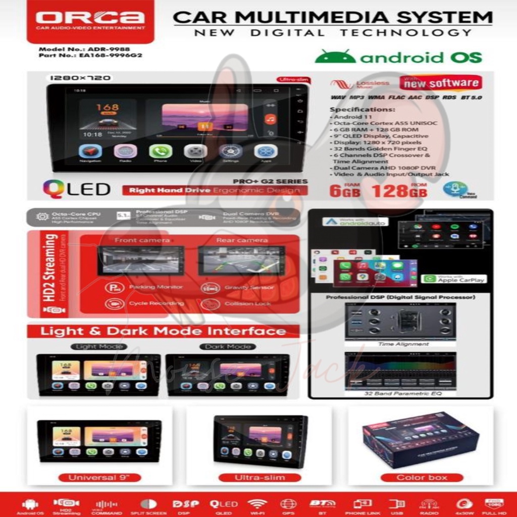Head Unit Android 10 inch ORCA ADR-9988 PRO+ G2 Gen 2 DSP Dual DVR/CCTV