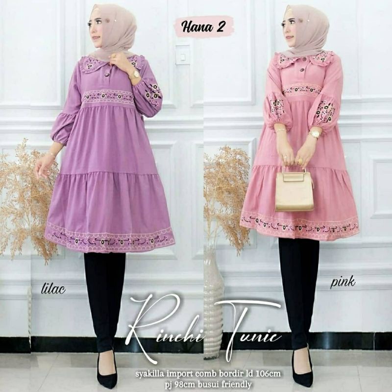 Rinchi Tunic, TUNIK WANITA MUSLIM CANTIK FIT XXL LD 110 BAHAN SYAKILLA IMPORT MIX BORDIR KANCING BUSUI TERMURAH OOTD