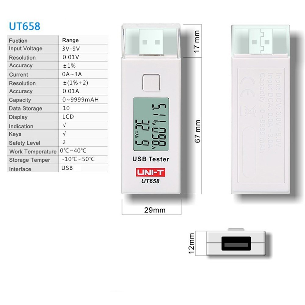 AKN88 - UNI-T UT658 - Digital LCD Portable Mini USB Tester - 9V Max