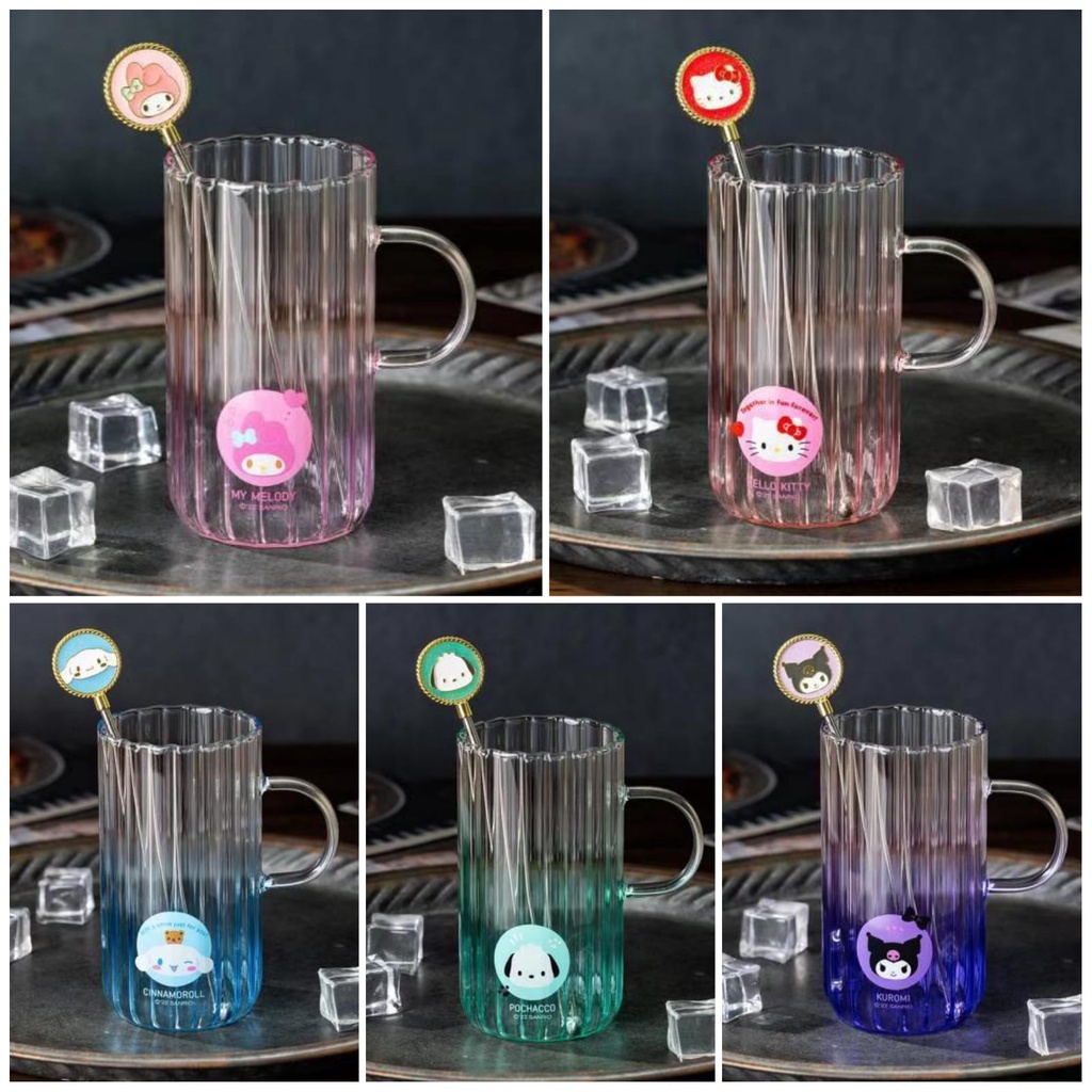 Gelas gagang kaca tinggi adukan gold kuromi cinnamoroll melody