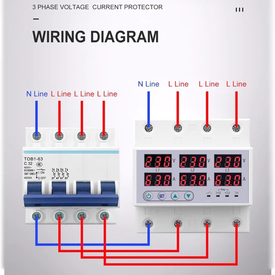 3 Phase 380V 3-63A Din rail Voltmeter Ammeter Adjustable Over and Under Voltage Current Limit Protection Monitor Relays Protector