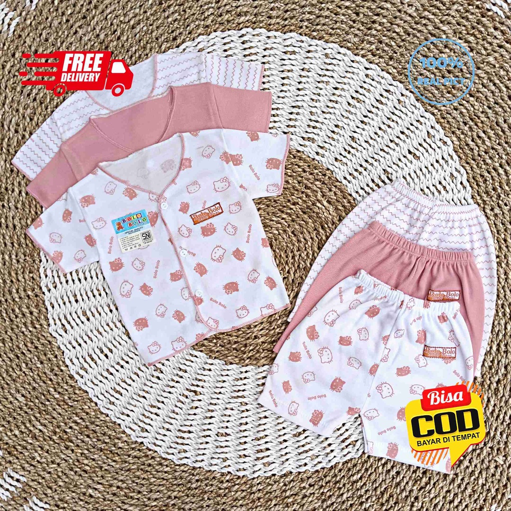 SALE 7.7 Serian Dusty - 3 Stel Setelan Baju Bayi Tangan Pendek Celana Pendek Bayi 0 sd 3 Bulan PINK DUSTY SERIES merk SNI Bolo - Bolo