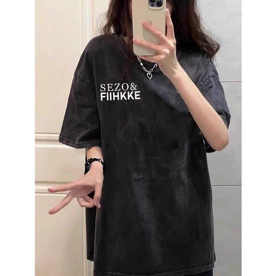 Kaos oversize hitam oversize lengan pendek Flower and Letter  Cartoon washed baju wanita  graphic print T-shirt/oversize tshirt/kaos hitam oversize wanita